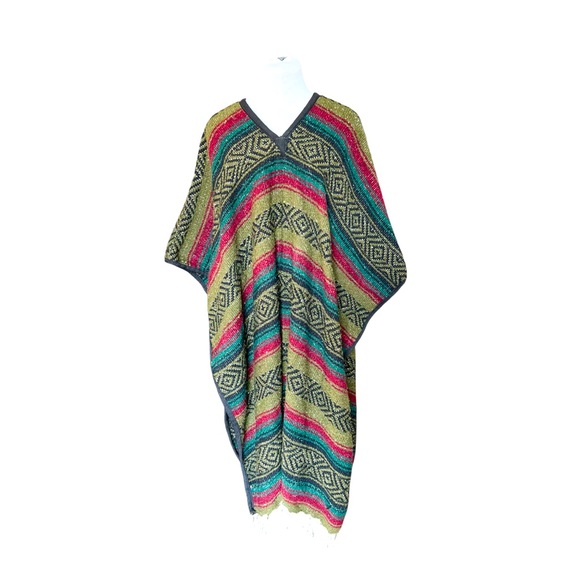 Vintage Woven Green Mexican Southwestern Blanket Style Poncho or Serape, OS - Picture 6 of 10